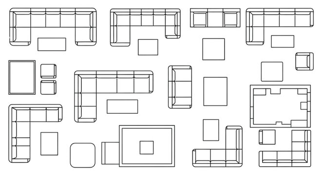 Modular Sofa CAD Blocks Top View Collection with Sectional Couch Layouts, Coffee Tables and Living Room Configurations