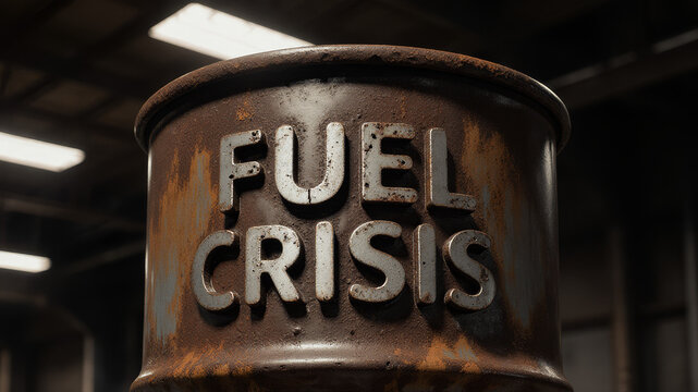 Weathered metal barrel marked fuel crisis conveying energy shortage market stress and deteriorating storage conditions in dim industrial interior