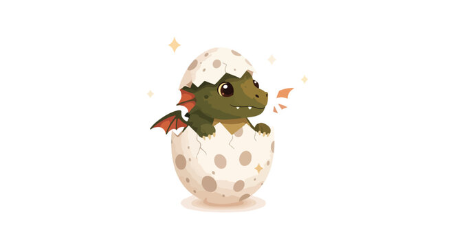 A green cartoon dragon hatches from a white spotted egg with sparkles on a plain white background.
