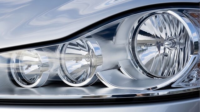 Close-up of silver car headlight with chrome accents vehicle