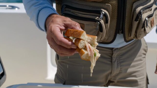 Reaching right hand wearing tan pouch after cooler opening on boat, lifting sandwich to drain water