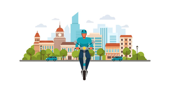 man riding bicycle in front of city skyline with buildings and trees