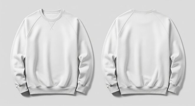 Clean white long-sleeve raglan sleeve sweatshirt front and back view mockup isolated on plain background