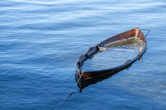 Sunken Wooden Rowing Boat Submerged Blue Water Lake Ocean Maritime Salvage