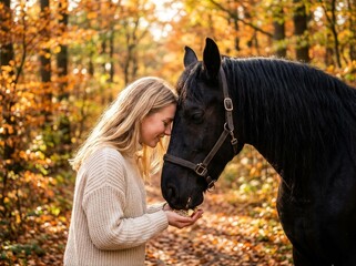Fototapeta premium Young woman gently feeding black horse in autumn forest with golden leaves