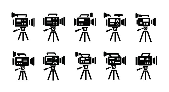 Collection of Vintage and Modern Video Cameras on Tripods, Retro and Contemporary Cinematography Icons