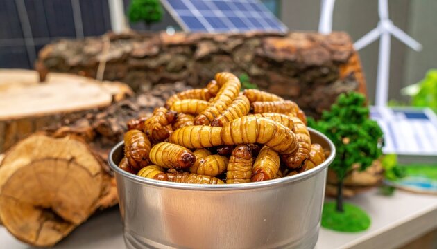 Plump and nutritious grub worms displayed in a small metal tin on a rustic wooden surface representing sustainable future food sources and alternative protein options for a global diet.