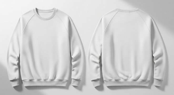 Plain white raglan sleeve crewneck sweatshirt shown front and back isolated on white