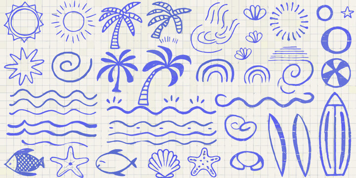 hand drawn beach elements in blue doodle style on grid paper high quality professional detailed