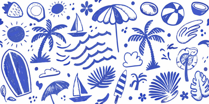beach icons pattern in blue line art style on white background high quality professional detailed