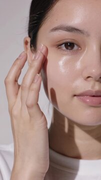 Close up of young woman applying face serum for glowing skin (Vertical Video)