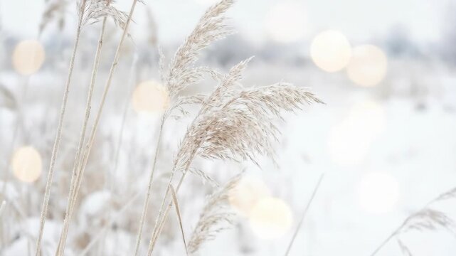 A white winter abstract backdrop with dry boho reed stems and soft fluffy grasses enhanced by bokeh, pale tones and airy texture under diffused light, elegant seasonal atmosphere, ultra-realistic, no