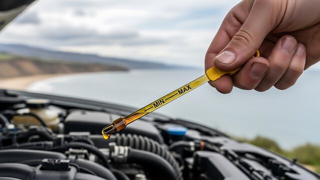 Hand holding yellow oil dipstick with engine and coastal landscape in background