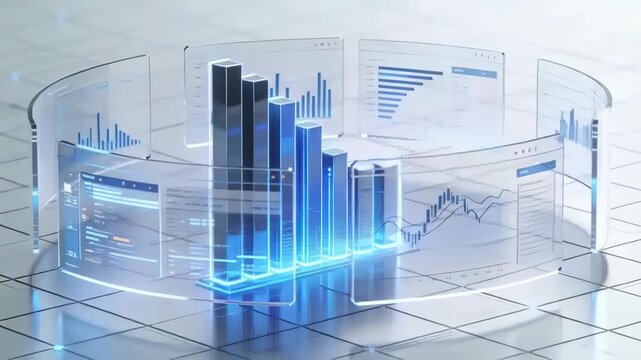 Animating UI panels assembling around pulsing hologram 3D bar chart on grid floor, showing data