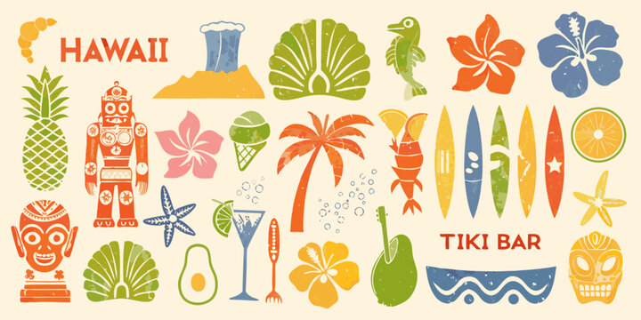 Hawaiian tiki bar themed illustration with tropical plants fruits and vintage style elements high quality