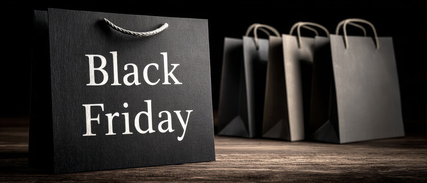 Several black shopping bags with Black Friday text are displayed on a dark surface, creating a striking visual effect suitable for marketing and promotions