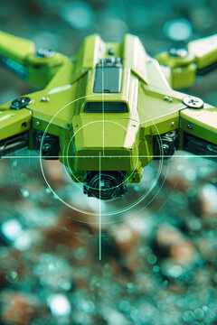 A combat drone is positioned in the crosshairs, highlighting its sleek design and unique color. The blurred background features blue tones, enhancing focus on the drone