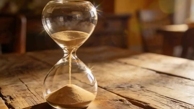 Glass hourglass resting on rustic wooden table, gravity pulling golden sand down, marking time
