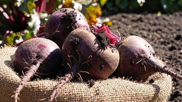 Freshly Harvested Deep Purple Beetroots in Burlap Sack