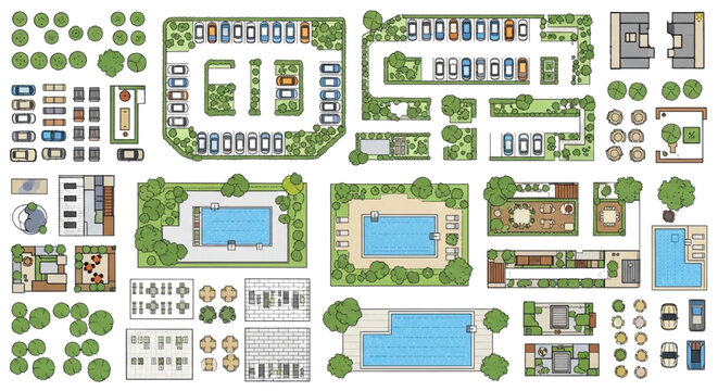 Comprehensive Landscape CAD Blocks Kit with Parking Layouts, Swimming Pools, Trees and Outdoor Furniture Top View Collection