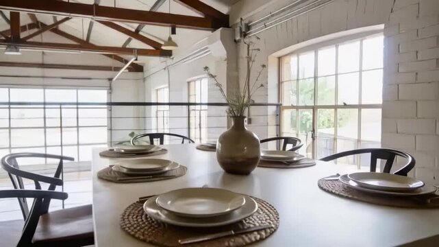 Sliding camera revealing rectangular table set for four at loft mezzanine with vase to reveal loft