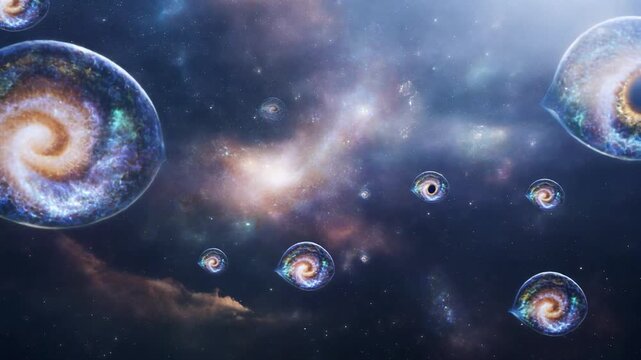 Abstract Multiverse Concept with Floating Bubble Universes and Spiral Galaxies in Deep Space