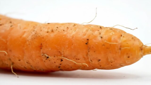 A single carrot isolated with crisp orange skin, fine root texture and natural imperfections on a clean white background, bright studio light and a fresh simple atmosphere, ultra-realistic, no logos.