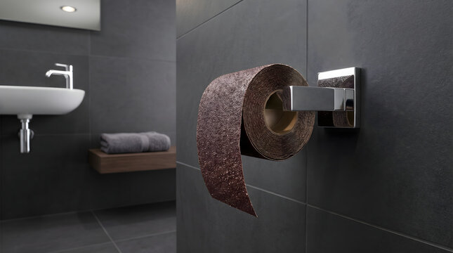 A creative concept image showing a roll of brown abrasive sandpaper on a chrome toilet paper holder in a modern bathroom.