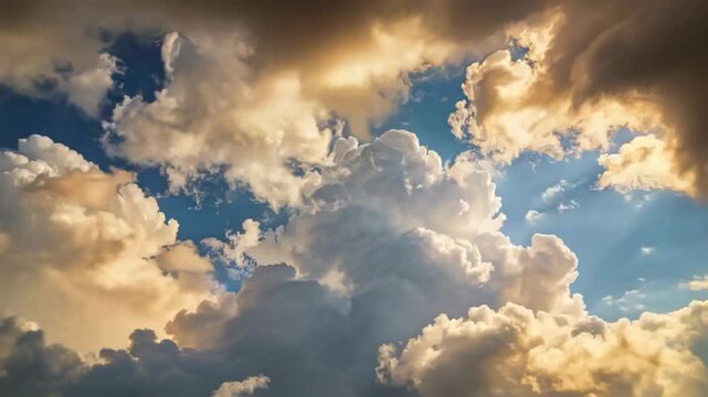 Moving cumulus tower gaining texture skyward as right sun starting rim lighting and casting beams