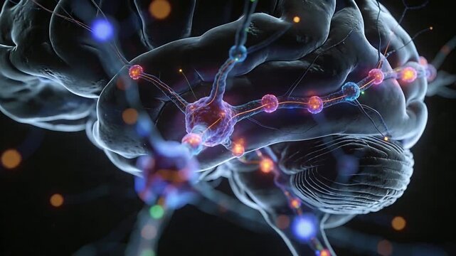 Starting neuron chain sending pulses along bead nodes in clear brain, illustrating neural signals