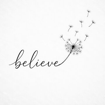 A minimalist design showcases a dandelion with its seeds blowing away, complemented by the elegant script of the word 'believe' 