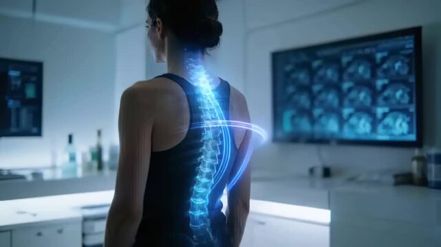 Projecting system showing hologram spine over woman in black racerback top with monitors for exam