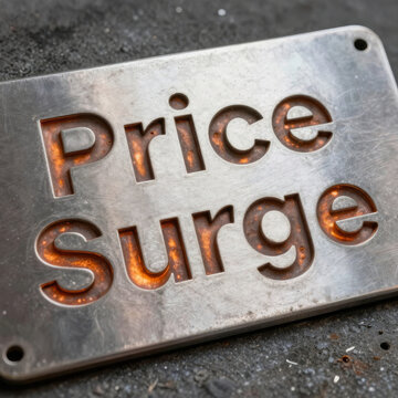 Price surge text embossed on a metal plate communicating abrupt cost escalation hard market pressure and sustained fuel inflation in an industrial style