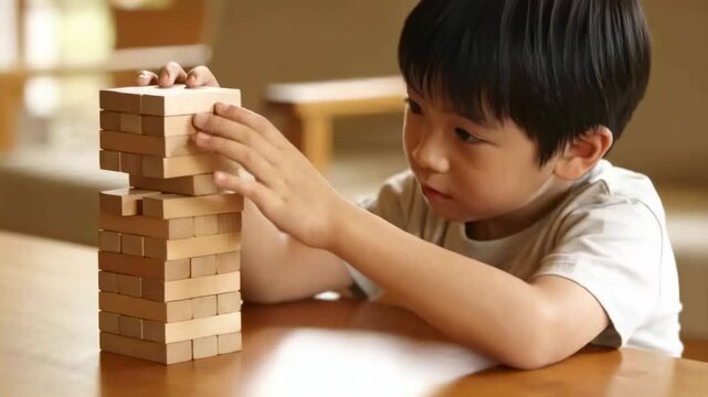 Probing block, child in light t-shirt steadying wooden tower at table, building height, copy space