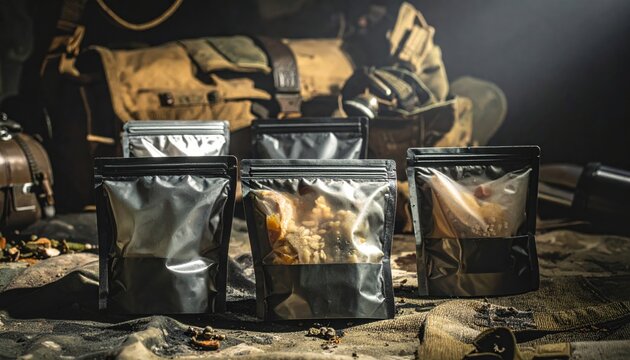 Compact portable emergency food rations sealed in metallic pouches arranged on a textured surface for outdoor survival and wilderness adventure preparation.