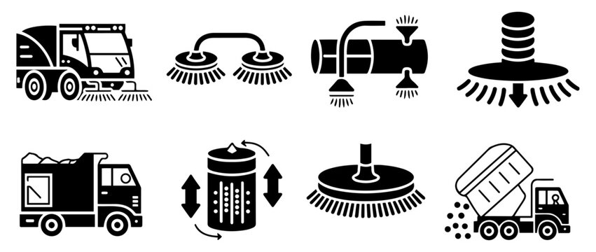 street sweeper cleaning vehicle icon set