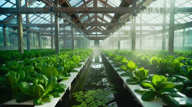 Gliding camera from door showing center water channel and hydro beds in greenhouse showing symmetry
