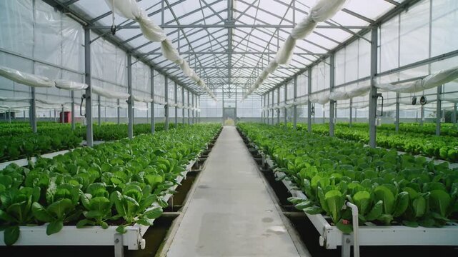 Camera tracking forward down central aisle in greenhouse, showing hydroponic troughs for inspection