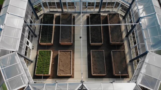 Drone tightening and stabilizing above greenhouse, showing two left seedlings six bare beds walkway