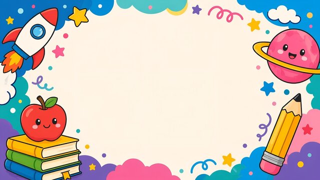 A vibrant cartoon illustration with a school theme featuring a rocket ship, planets, and school supplies
