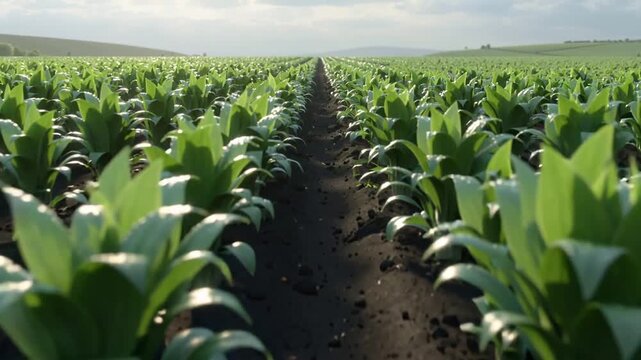 Tracking low-angle camera moving along soil furrow amid corn rows in field to reveal distant hills
