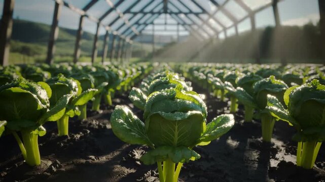 Morning sun beaming urging low camera advancing among rows under wood rafters, revealing dewy plant
