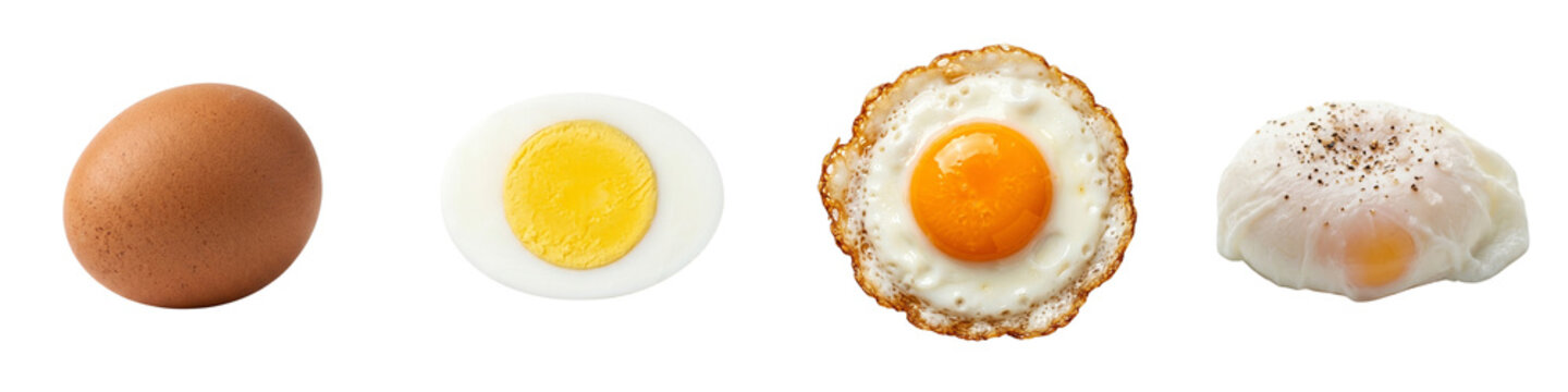 Collection of Eggs: Whole Raw, Halved Boiled, Fried Sunny-Side Up, and Poached Egg on White Background - Healthy Food & Breakfast Ingredients
