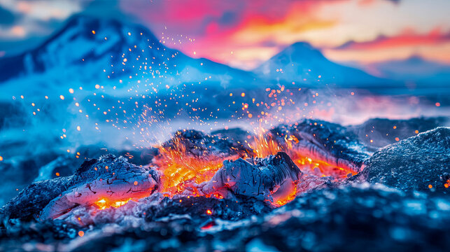 Glowing embers and sparks erupt from charred wood in foreground, set against backdrop of dramatic, brightly colored clouds and distant, snow-capped mountains under twilight sky, evoking sense of prima