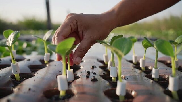 Placing bare arms entering with plug, securing seedlings in tray to secure roots with collars