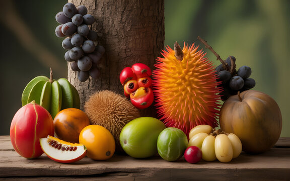 ackee, miracle fruit, jabuticaba, cherimoya, atemoya, feijoa, lucuma, cupua&ccedil;u, bael, santol, langsat, pulasan, mammee apple, African horned melon (kiwano)