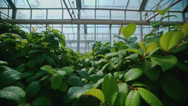 Camera starting forward gliding low under glass greenhouse roof to reveal wet leaves, rows, pipes
