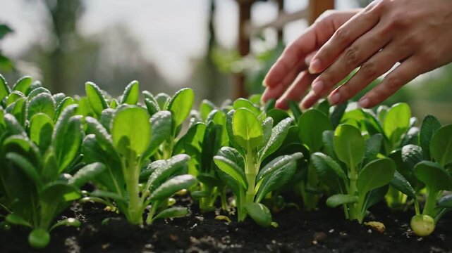 Entering top-right, hands with bare forearms sweeping left across planter, checking dew on greens