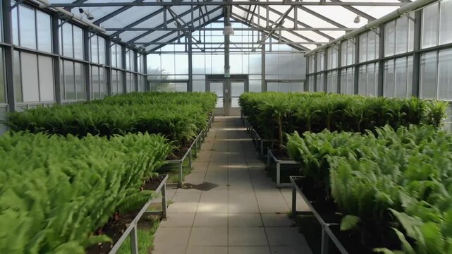 Starting camera gliding down central aisle in greenhouse, showcasing rows of ferns on metal benches