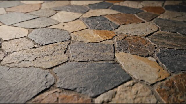 Motion shot over textured rustic natural stone floor tiles